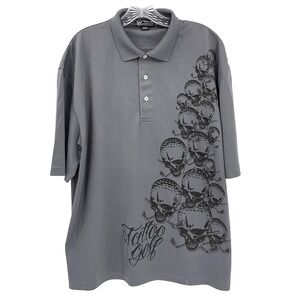 TATTOO GOLF Men's Sz XL Gray with Black Skulls Short-Sleeve Polyester Polo Shirt
